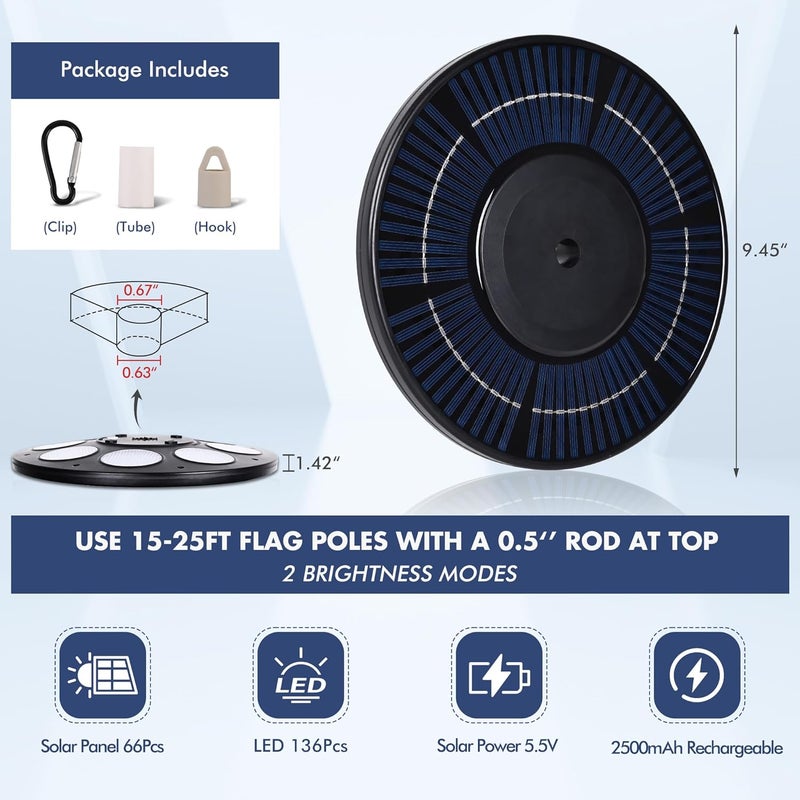 PPQ Solar Flagpole LED Light,136 LED 10000h Lifespan Black Flag Pole Light for 15-25 Ft Poles,Solar Powered Waterproof Lighting on Outdoor Pole Top,10 Hour Dusk to Dawn Auto On/Off - Image 3
